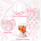 Linkidea 12 Pack Clear Gift Bags with Handles, Pink Ribbon Bows and Adhesive Dots, Gift Wrapping Bags for Party Favors, Weddings, Birthdays, Baby Showers and Celebrations