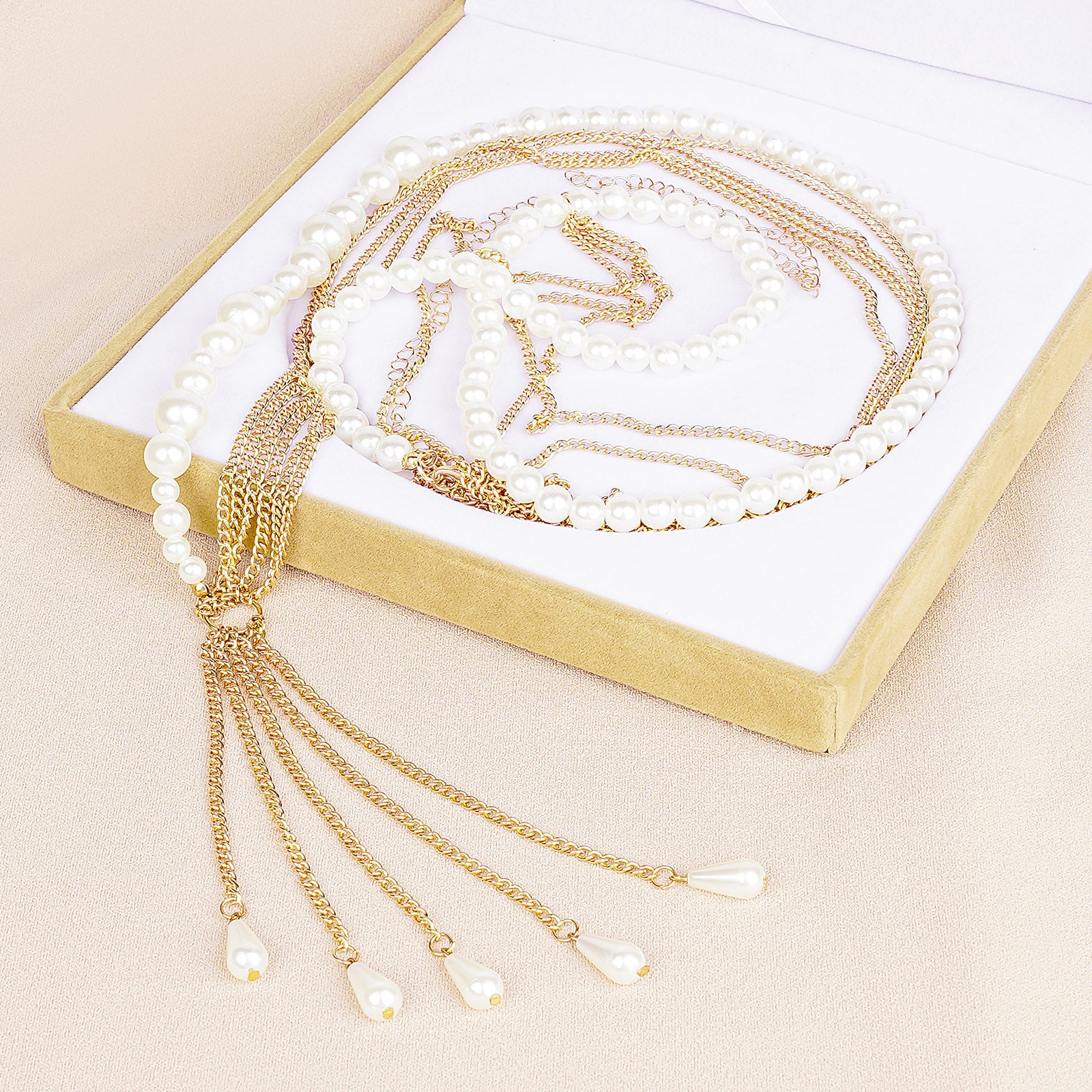 Plus Size Chain Belt for Women, Gold Color and White Faux Pearl Waist Chains, Extra Long Body Chain, 47-59 Inch Adjustable Chunky Belt Chain