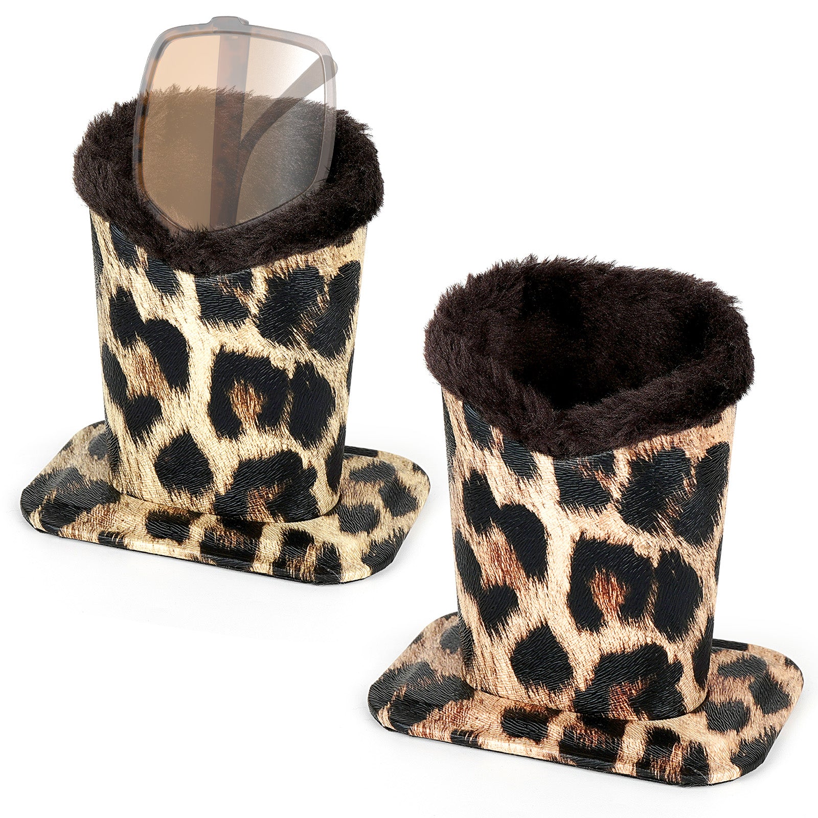 Sunglasses Desk Holder Stand, 2 Pack Plush Lined Oversized Eyewear Display Storage Compatible with Gucci GG0876S GG0875S VERSACE VE4395 VE2230B (Leopard)