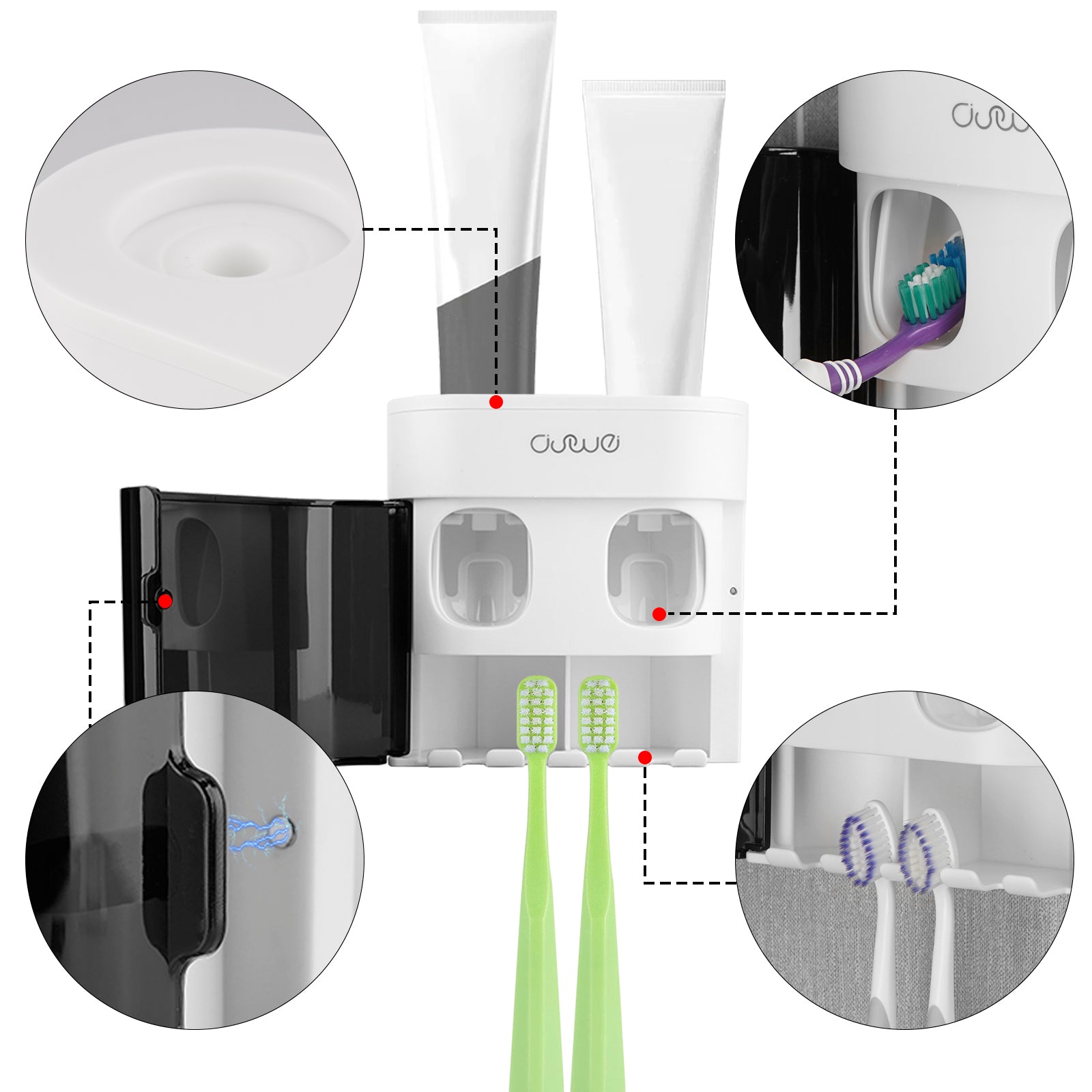 Linkidea Toothbrush Holder with 2 Toothpaste Squeezers, 4 Slot Tooth Brush Hanger, Wall Mount Toothpaste Dispenser for Shower Bathroom, Compatible with Oral-B CrossAction, Colgate Extra Clean