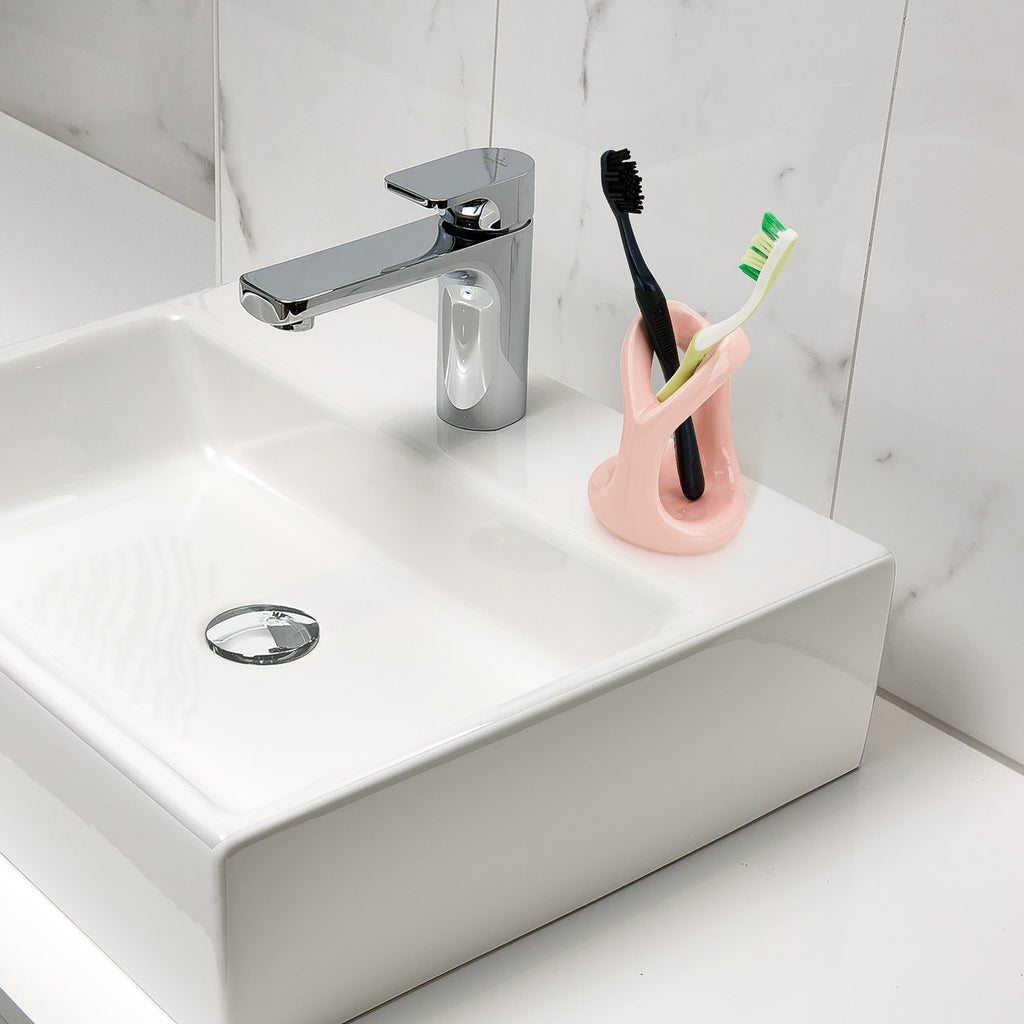 Linkidea Countertop Manual Toothbrush Holder for Bathroom, Unique Ceramic Vanity Organizer Stand Compatible with Oral-B CrossAction, Colgate Extra Clean, Reach Essentials Toothbrush (Pink)