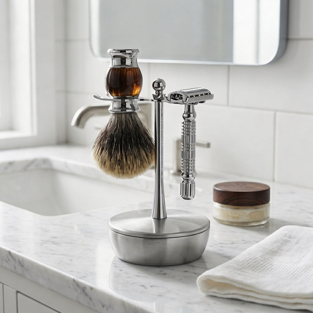 Linkidea Aluminum Alloy Razor and Brush Stand with Shaving Soap Bowl, Wet Shaving Holder Compatible with Merkur, Rockwell Double Edge Razors (Silver)