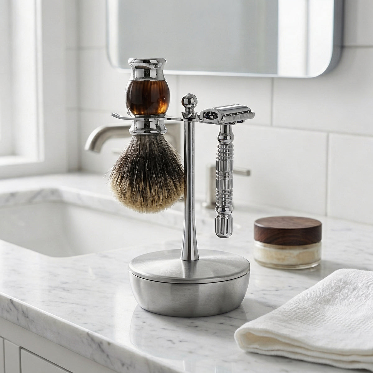 Linkidea Aluminum Alloy Razor and Brush Stand with Shaving Soap Bowl, Wet Shaving Holder Compatible with Merkur, Rockwell Double Edge Razors (Silver)