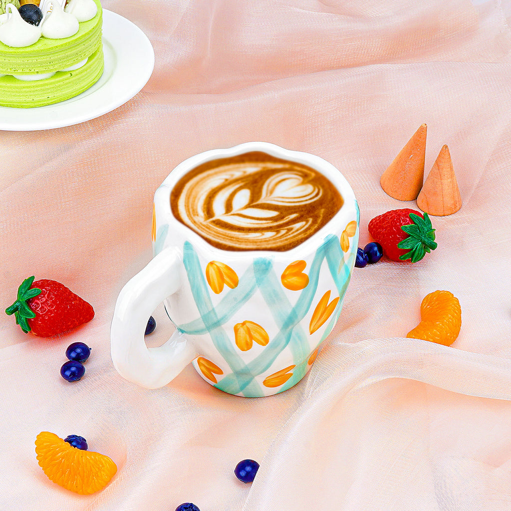 Linkidea Ceramic Coffee Mug, 12oz/350ml Hand-Painted Irregular Coffee Cup, Novelty Teacups with Handles for Beer, Latte, Hot Cocoa, Microwave and Dishwasher Safe (Green Heart Stripes)