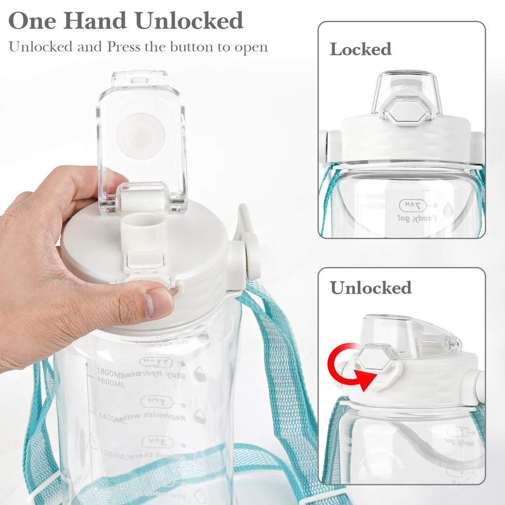 Linkidea 55oz Tritan Water Bottle with Strap & Handle, Reusable Sports Waterbottle with Time Marker, Portable Large Water Bottles for Gym Fitness Outdoor, Shoulder Strap (White & Clear)