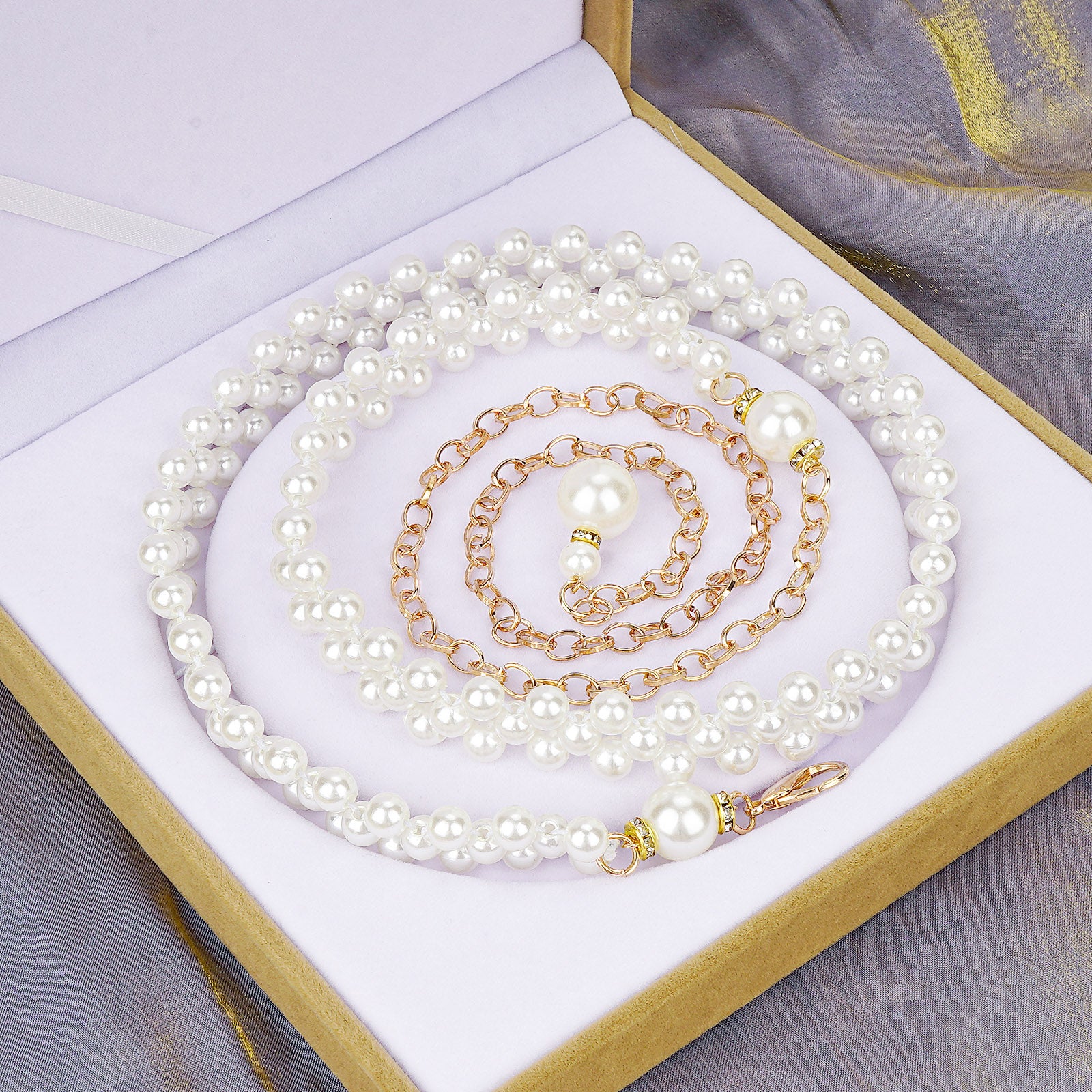 Plus Size Chain Waist Belt for Women, 30-40 Inch Stretchable Extra Long Chunky Body Chain, White Pearl Adjustable Fashion Jewelry Accessory