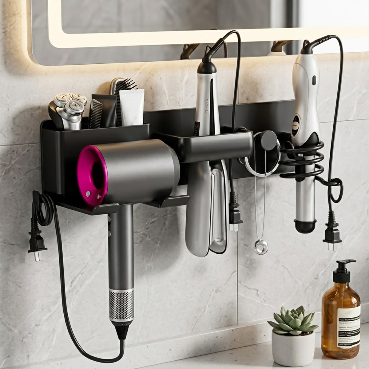 Linkidea Wall Mounted Hair Dryer Holder with Hook, 4-in-1 Aluminum Hair Tool Organizer, Compatible with Dyson Supersonic Origin, Supersonic Nural, Blow Dryer Storage Rack (Black)