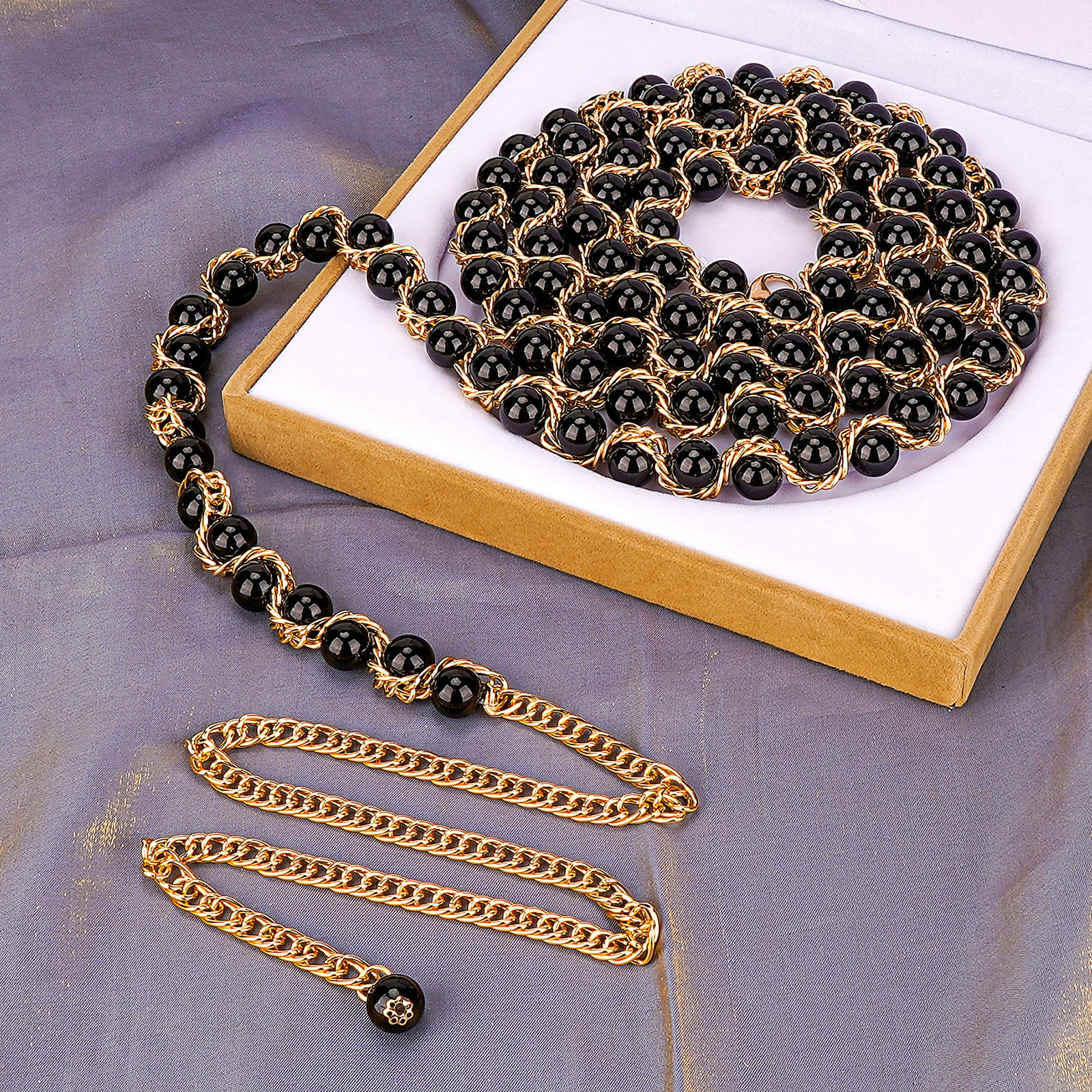 Plus Size Chain Belt for Women, Gold Color and Black Faux Pearl Waist Chains, Extra Long Body Chain, 59-78 Inch Adjustable Chunky Belt Chain (XXXL, Black)