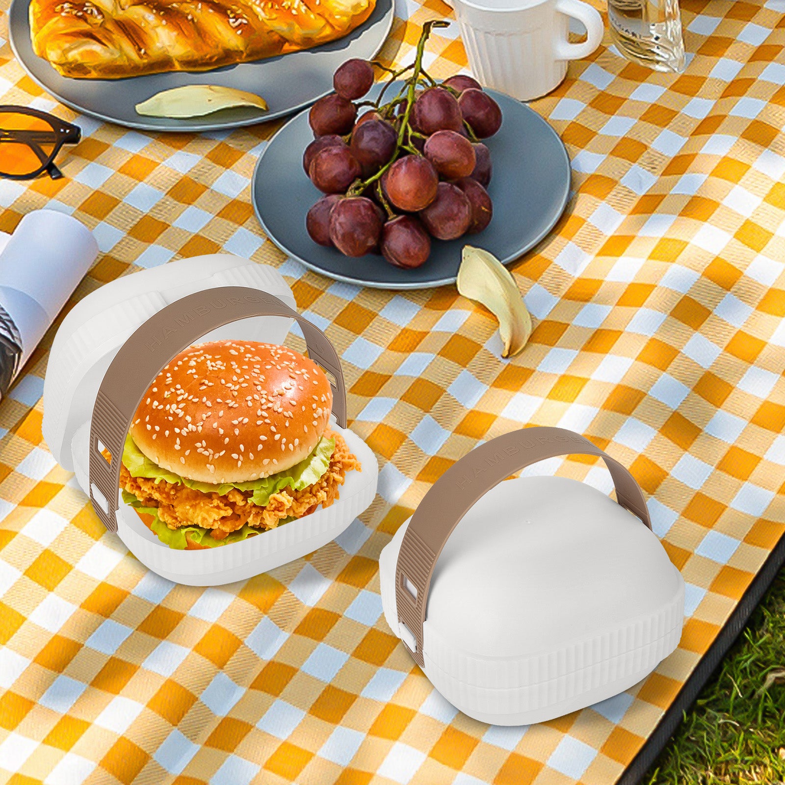 Linkidea 2 Pcs Hamburger Buns Storage Container, Portable Burger Holder with Hand Strap Suitable for Outdoor, Picnic, Work, Burger Box with Cover Fits to Good Burger or Sandwich Use (White)