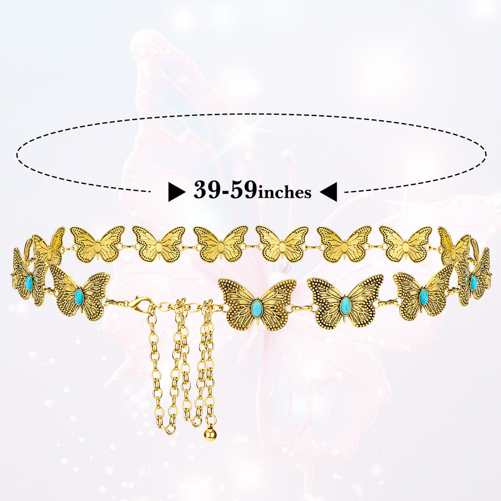 Plus Size Chain Belt for Women, Turquoise Stone Gold Metal Chain Belt Women Belly Waist Chains, Extra Long Body Chain, 59 Inch Adjustable Chunky Belt Chain (Butterfly Style)