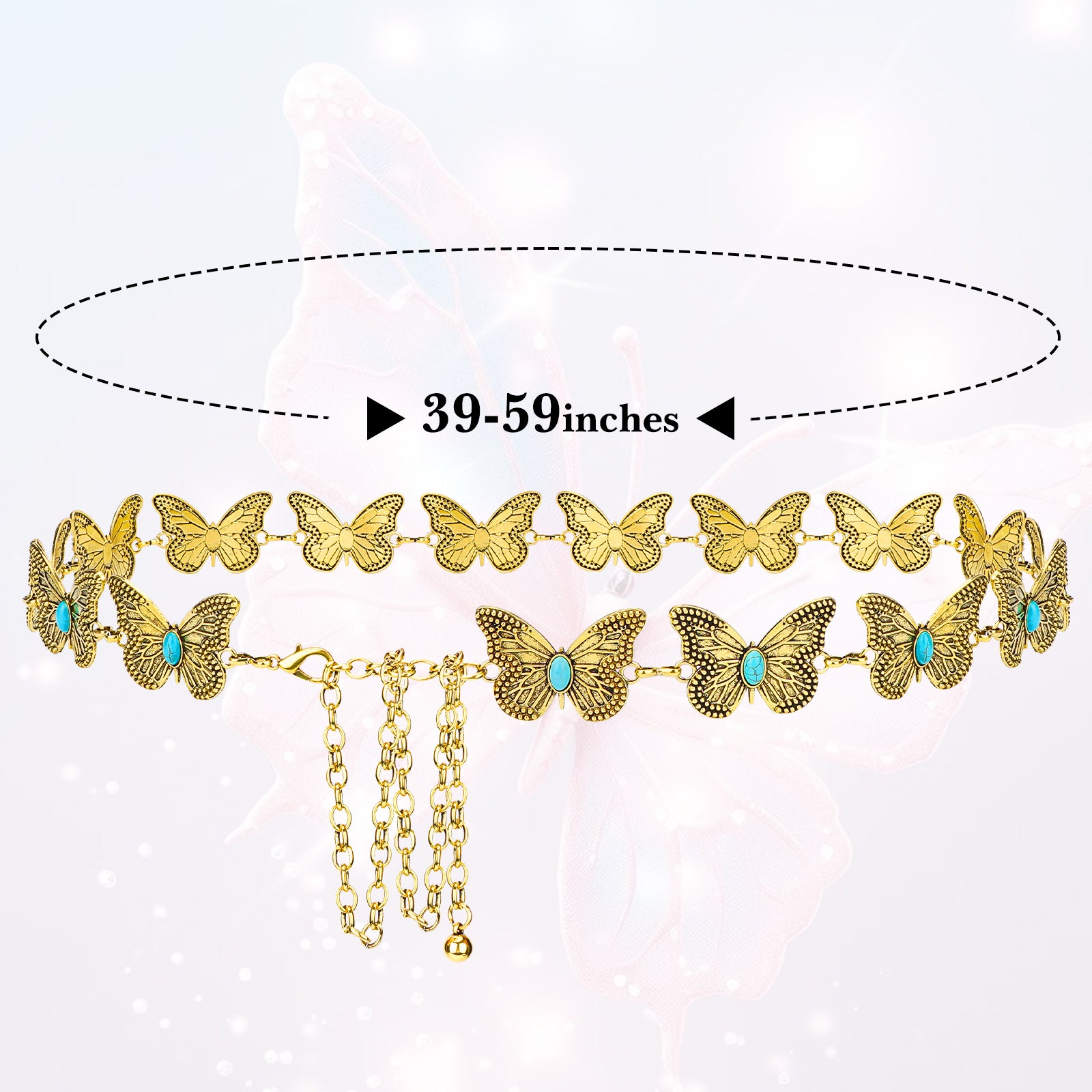 Plus Size Chain Belt for Women, Turquoise Stone Gold Metal Chain Belt Women Belly Waist Chains, Extra Long Body Chain, 59 Inch Adjustable Chunky Belt Chain (Butterfly Style)