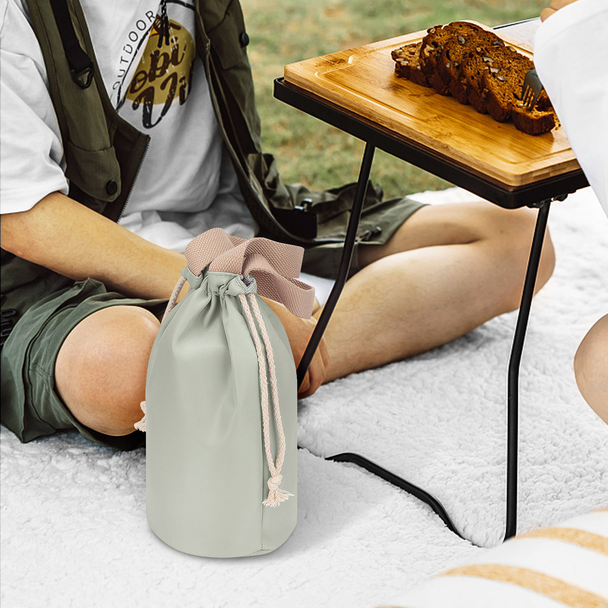 Linkidea Insulated Food Jar Storage Bag, Portable Drawstring Wrap with Hand Strap, Lunch Box Carrier for Food Can, Compatible with Thermos 24 oz & Simple Modern 16 oz & Stanley 18 oz (Green)