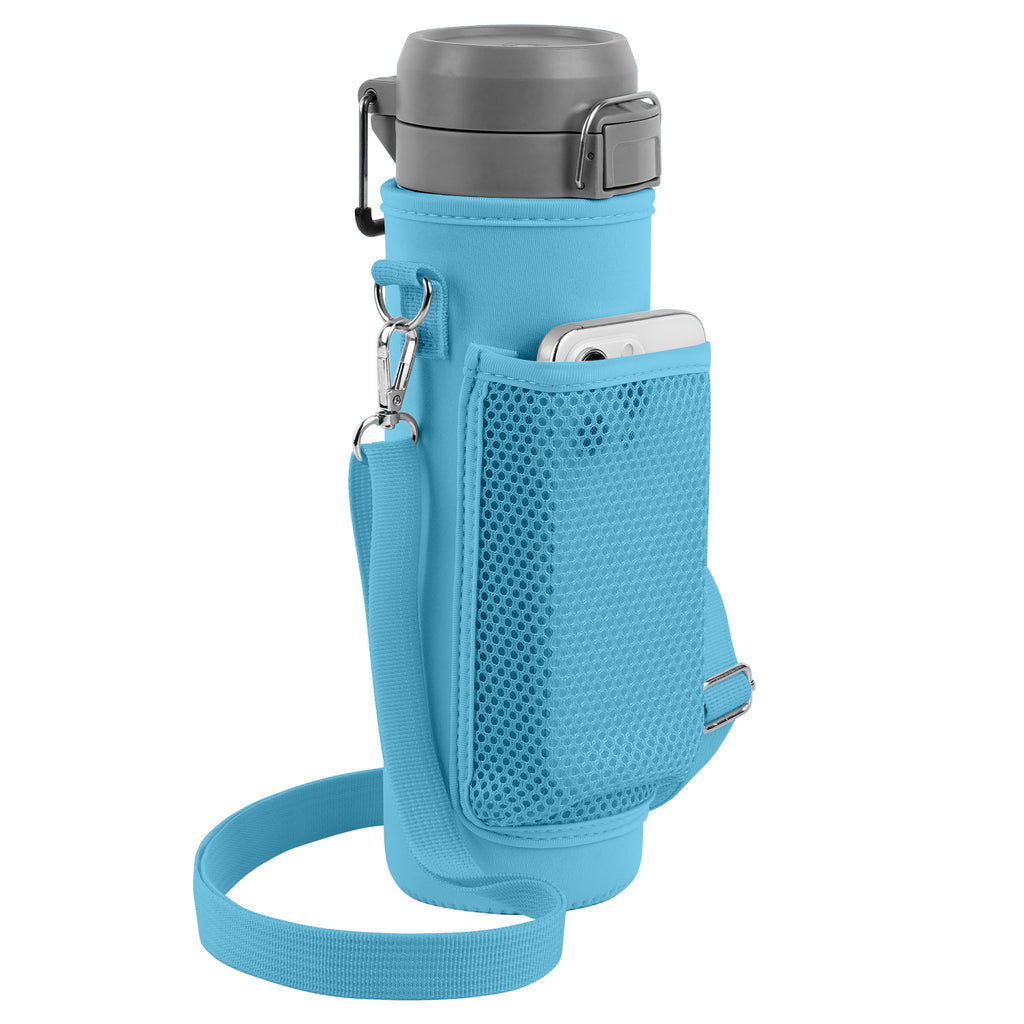Linkidea Water Bottle Carrier with Strap Compatible with Stanley Quick Flip GO 24/36oz, IceFlow Fast Flow 24/36oz, Waterbottle Sling Bag Holder, Shoulder Strap with Phone Mesh Pocket, Blue
