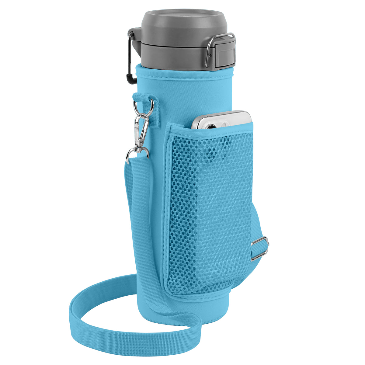 Linkidea Water Bottle Carrier with Strap Compatible with Stanley Quick Flip GO 24/36oz, IceFlow Fast Flow 24/36oz, Waterbottle Sling Bag Holder, Shoulder Strap with Phone Mesh Pocket, Blue