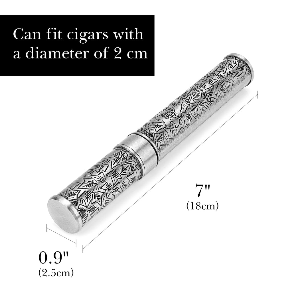 Linkidea Zinc Alloy Vintage Leaves Stripe Pattern Cigar Holder Case, Airtight Single Tube, Portable Travel Cigar Case Compatible with 50 Ring Gauge Cigars (Silver)