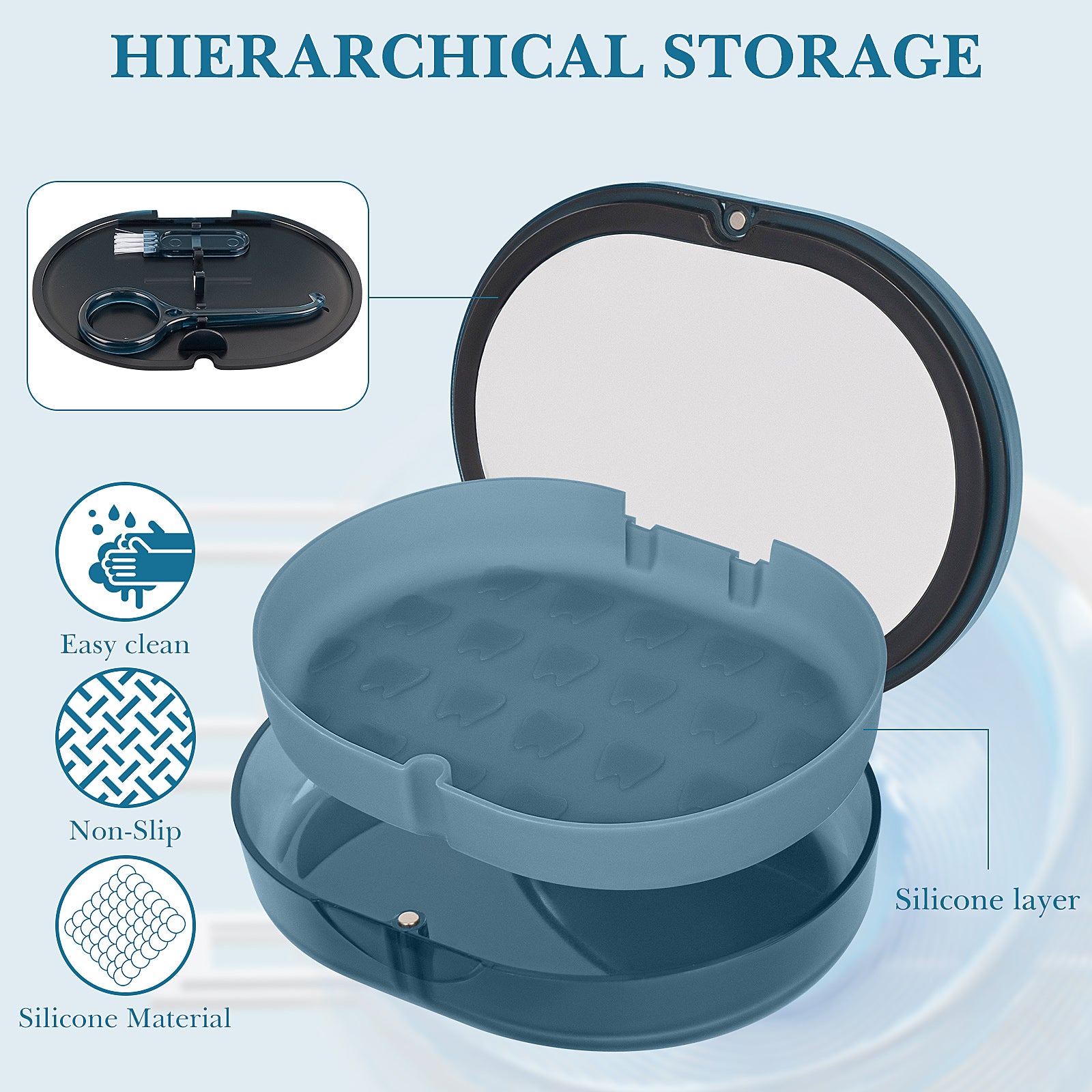 Linkidea Double-layer Storage Case with Mirror for Retainer, Portable Aligner Container Box with Removal Tool, Brush, Child Mouth Guard Denture Holder with Magnetic Closure (Blue)