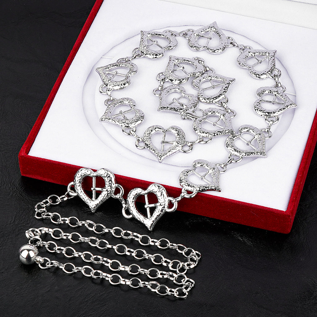 Plus Size Chain Belt for Women, Silver Metal Chain Belt Women Belly Waist Chains, Extra Long Body Chain, 47 Inch Adjustable Chunky Belt Chain (Love Buckle Style)