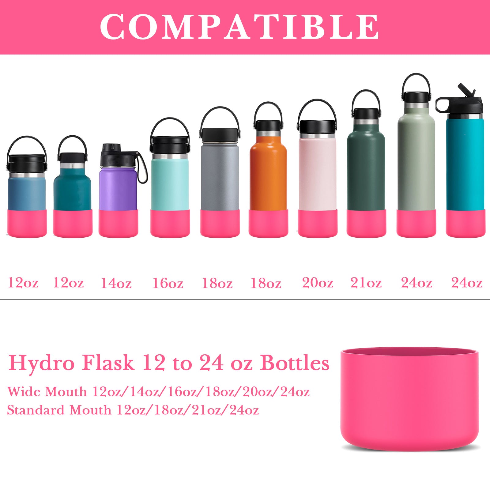 Linkidea 2 Pack Water Bottle Boot Compatible with Hydro Flask Wide Mouth 12oz/14oz/16oz/18oz/20oz, Silicone Bottle Bottom Sleeve Bumper Protector (Pink)