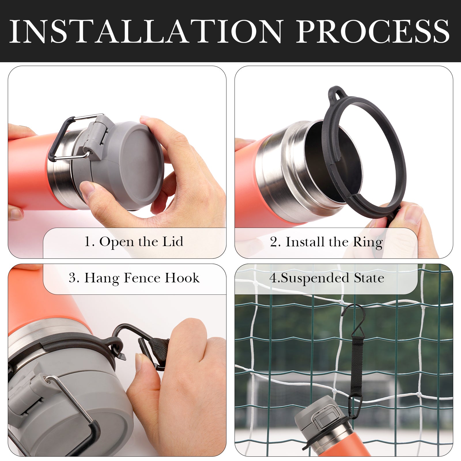 Linkidea 2 Pack Fence Hooks Compatible with Stanley Flip Go 24oz/36oz, S Shaped Hook Hanger with Waterbottle Ring for Outdoor Sports Camping (Black)