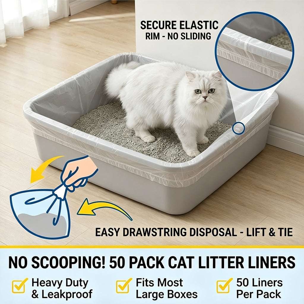 50 Pack Cat Litter Box Liners, Disposable Elastic Edge Kitty Litter Pan Bags, Leak-Resistant Plastic Trash Bags, Compatible with Large Open-Top and Covered Cat Litter Boxes