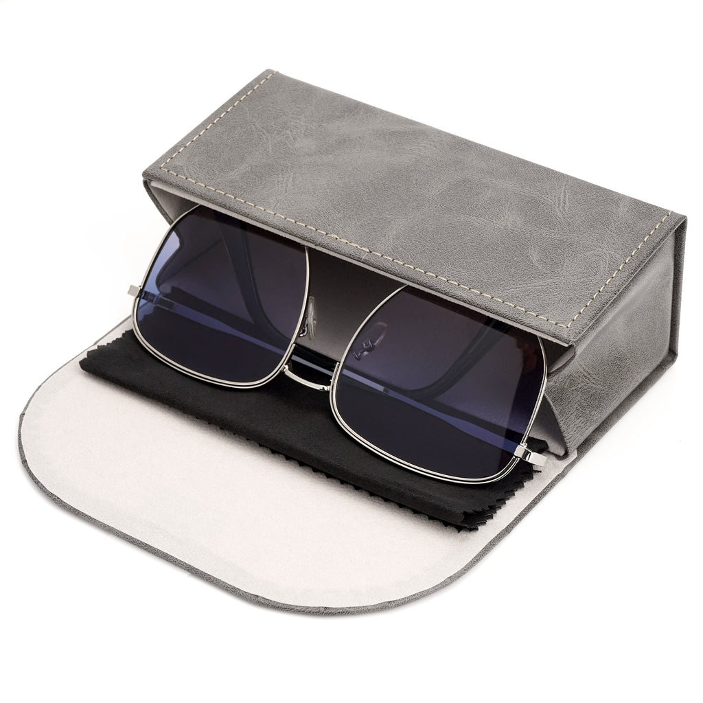 Extra Large Sunglasses Pouch Case, Grey Vegan Leather Eyewear Organizer Soft Bag Compatible with Rayban RB4401D/RBS0101S/RB8097/RB8089/RB4098