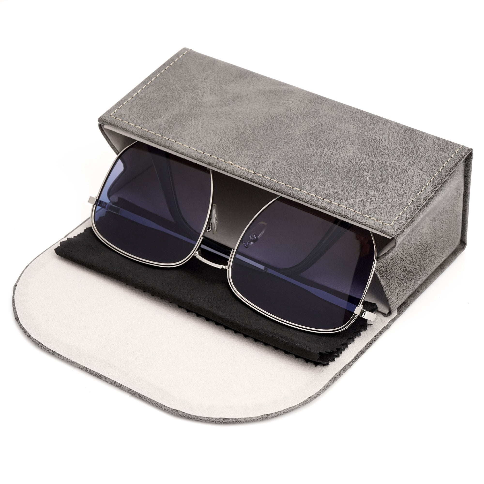 Extra Large Sunglasses Pouch Case, Grey Vegan Leather Eyewear Organizer Soft Bag Compatible with Rayban RB4401D/RBS0101S/RB8097/RB8089/RB4098