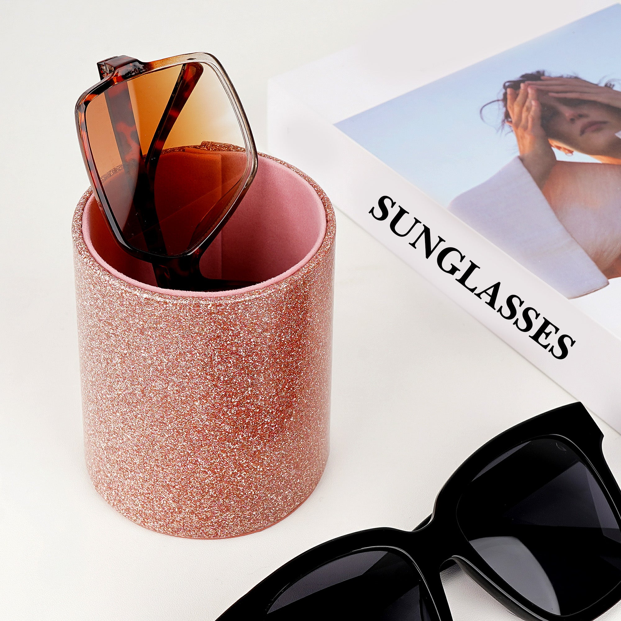 Extra Large Sunglasses Desk Holder Stand, 2 Pack Pink Vegan Leather Eyeglasses Display Storage with Flock Lining, Sunwear Organizer Compatible with Rayban RB220/RB2195/RB3447/RB3809