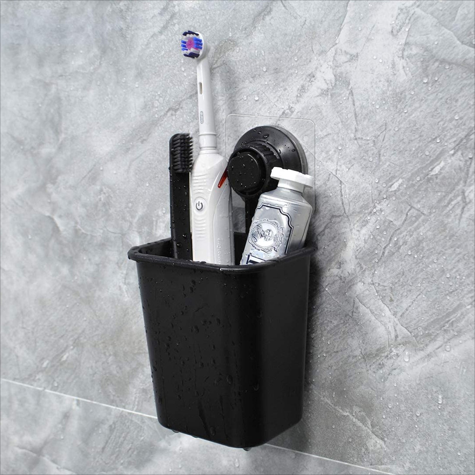 Linkidea Toothbrush Holder Self Adhesive Wall Mounted for Bathroom Shower Wall, Shaver Razor Holder Hanger, Electric / Battery Toothbrush and Toothpaste Organizer, No Drill or Nail Needed (Black)