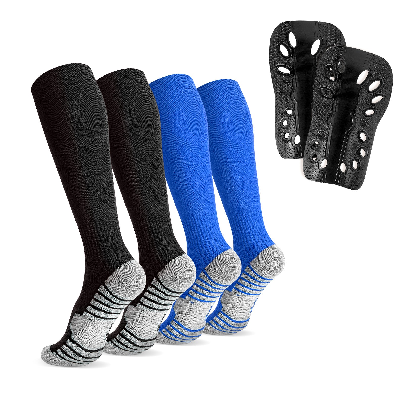 Linkidea Kids Soccer Socks with Shin Guards, 2 Pairs Breathable Knee High Socks with Lightweight Shin Pads, Long Sleeve Cushion Socks for Child 4-6 Years Over Calf Soccer Socks (Black&Blue, S)
