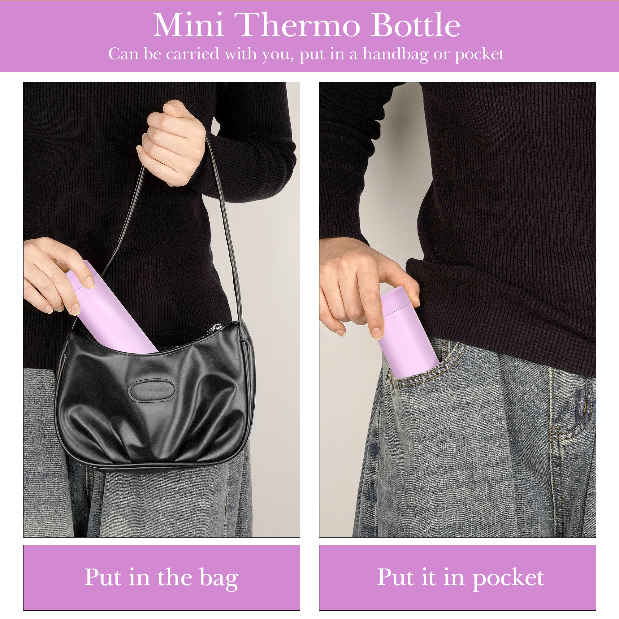 Linkidea 5oz (150ml) Mini Water Bottle, Small Vacuum Insulated Stainless Steel Travel Bottle for Hot & Cold Drinks, Thermo Flask Fit Handbag, Purse and Pocket (Purple)