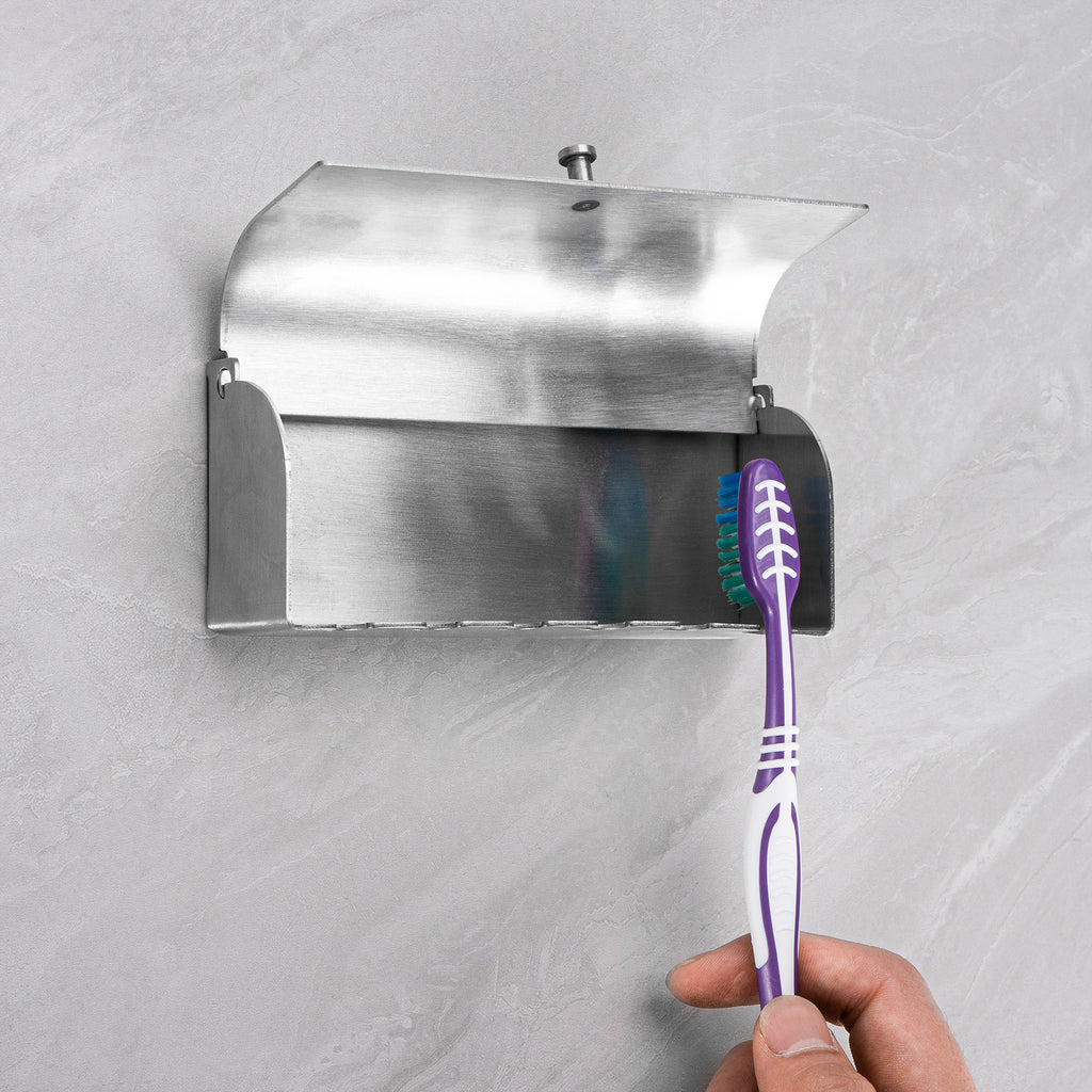 Linkidea Wall Mount Toothbrush Holder with Cover for Bathroom, Shower, Stainless Steel Self Adhesive Wallmount 6 Slots Tooth Brush Hanger