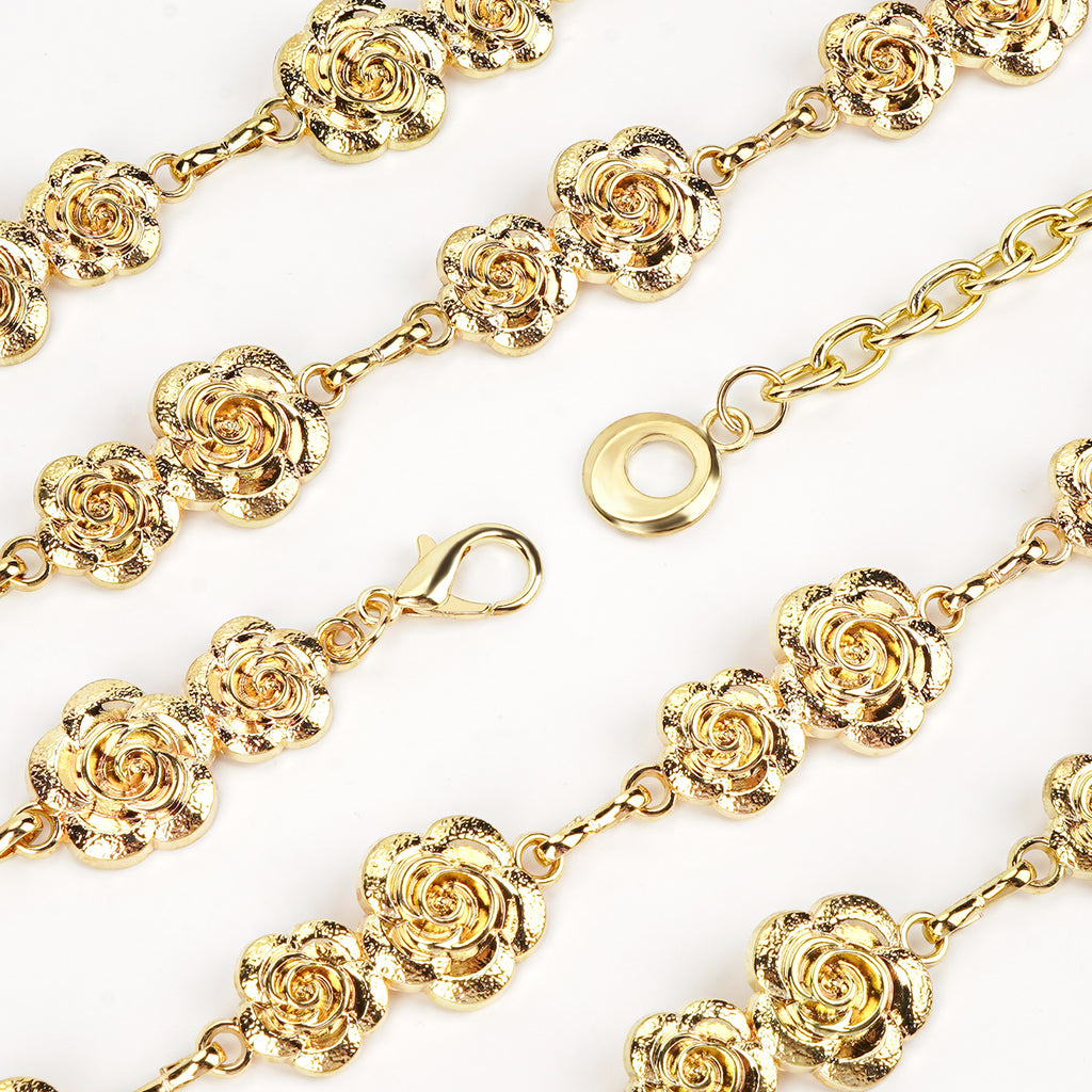 Plus Size Chain Belt for Women, Gold Rose Metal Fashion Belly Waist Chain, Max 69 Inch Adjustable Chunky Body Accessory (XXXL)