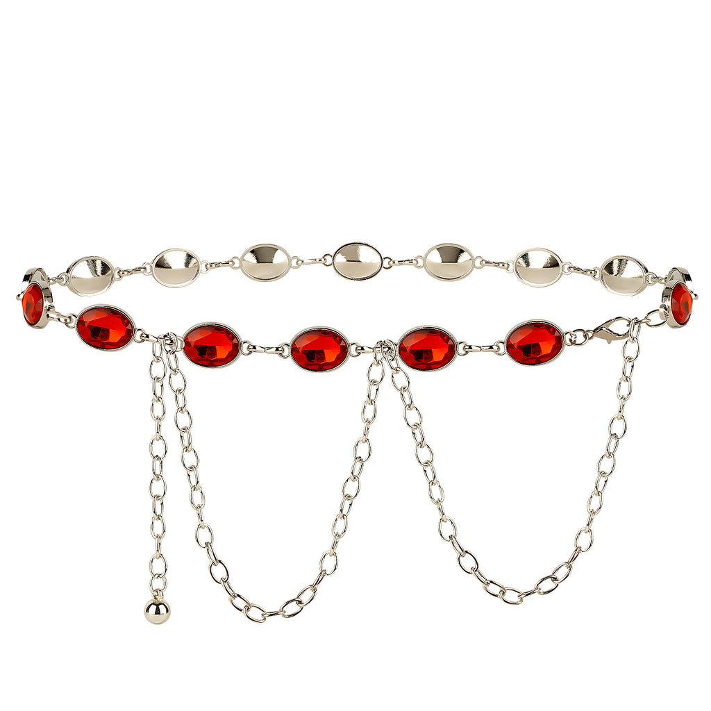 Plus Size Chain Belt for Women, Red Faux Jewel Waist Belt, 51 Inch Adjustable Extra Long Chunky Body Chain for Dresses, Party, Casual Wear, Fashion Jewelry Accessory