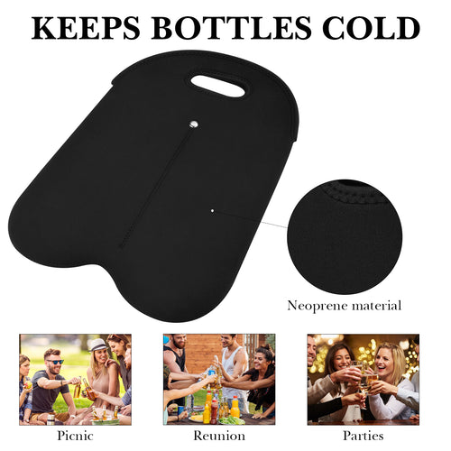 Linkidea 2 Bottle Wine Cooler Travel Bag, Insulated Beverage Carrier Tote for Wine & Beer, Dual Slot Portable Bottle Holder Chiller Bag for Picnic, Party & Travel (Black)