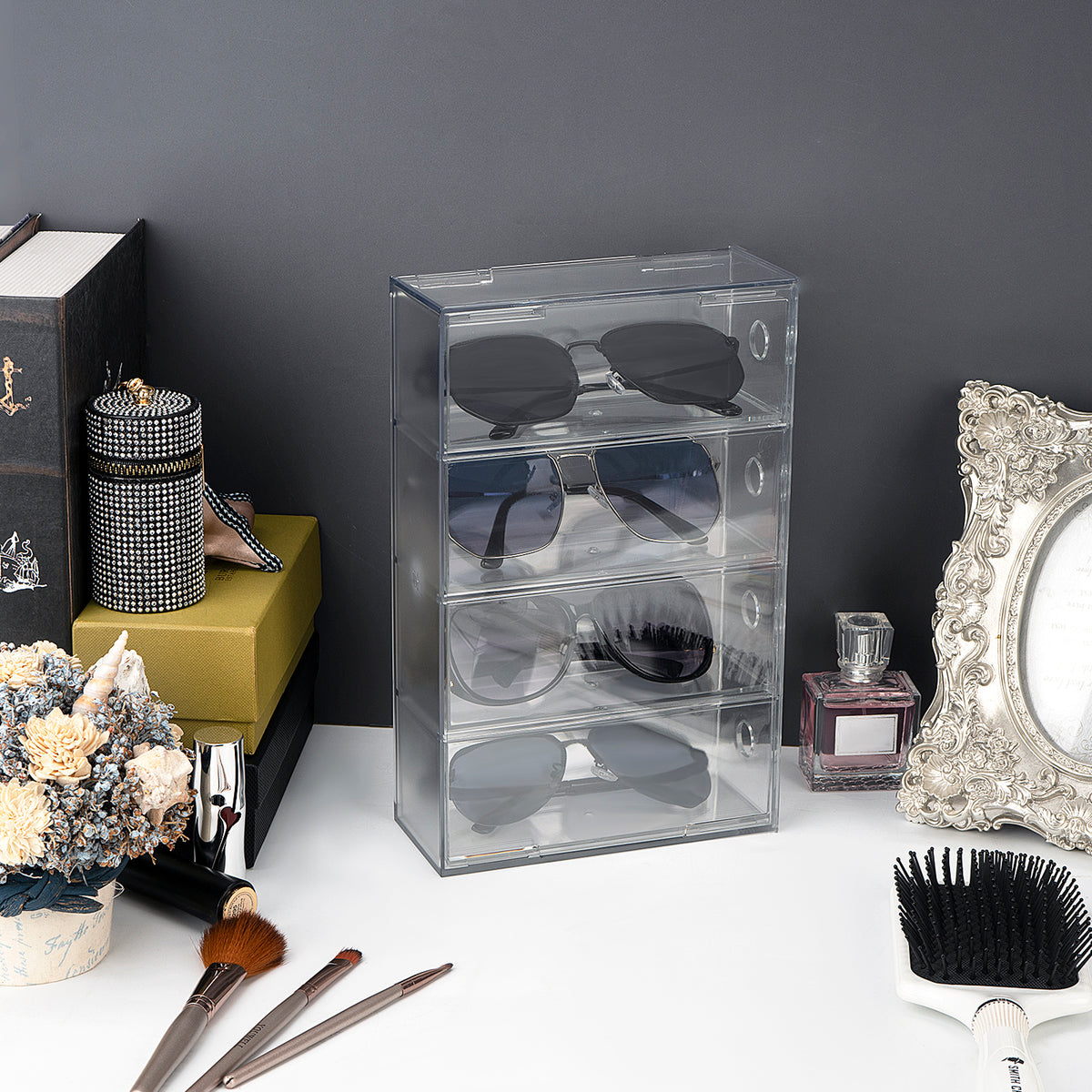 Acrylic Sunglasses Organizer for Extra Large Sunglasses, Glasses Holder Sunglass Display Stand with 4 Drawers, Sun Glasses Storage Compatible with Gucci GG0876S GG0875S GG1020S