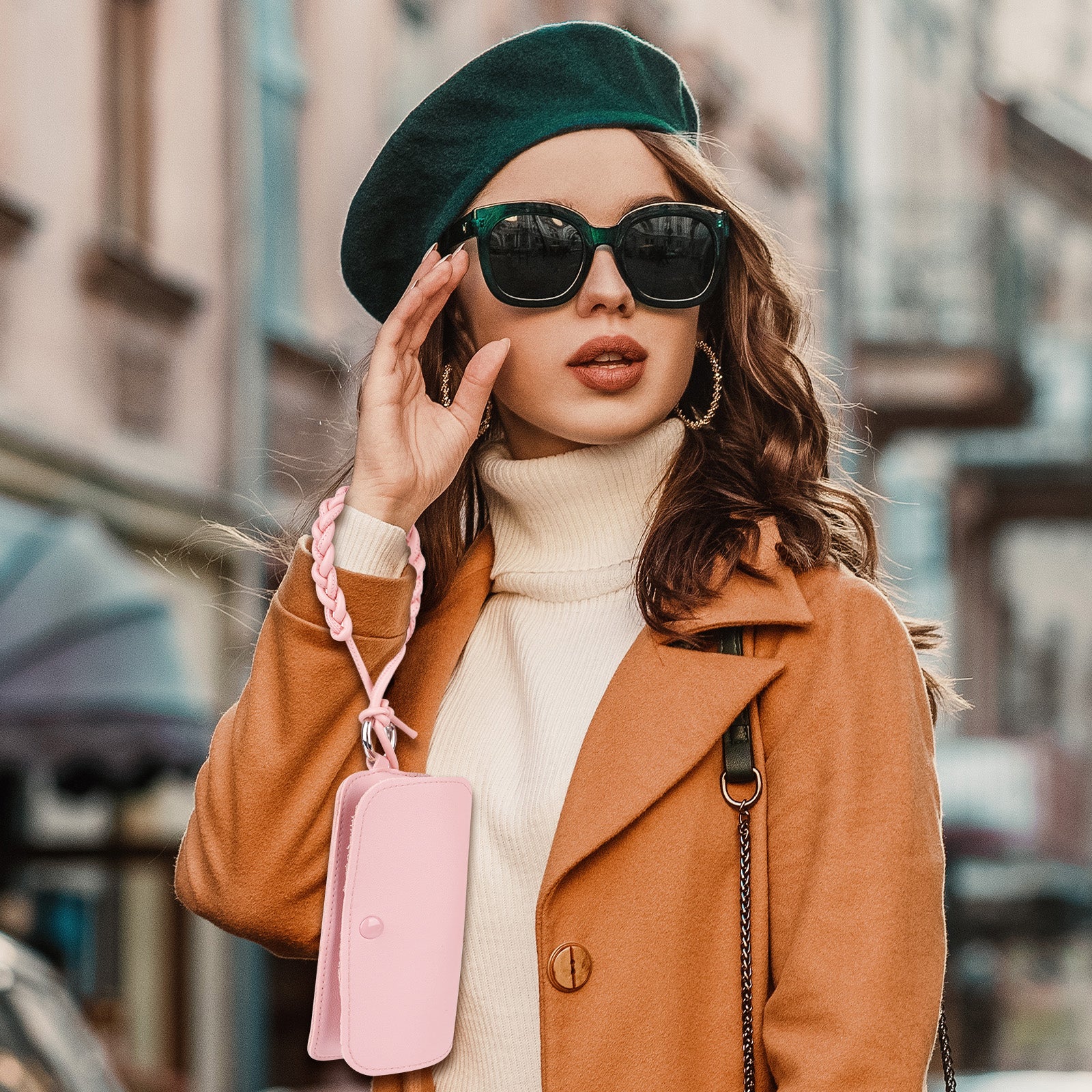Extra Large Sunglasses Pouch Case with Carrying Strap, Vegan Leather Pink Eyeglasses Organizer Soft Bag Compatible with Rayban RB2132 RB4416 RB2241 RB3548 RB2398F RB4246