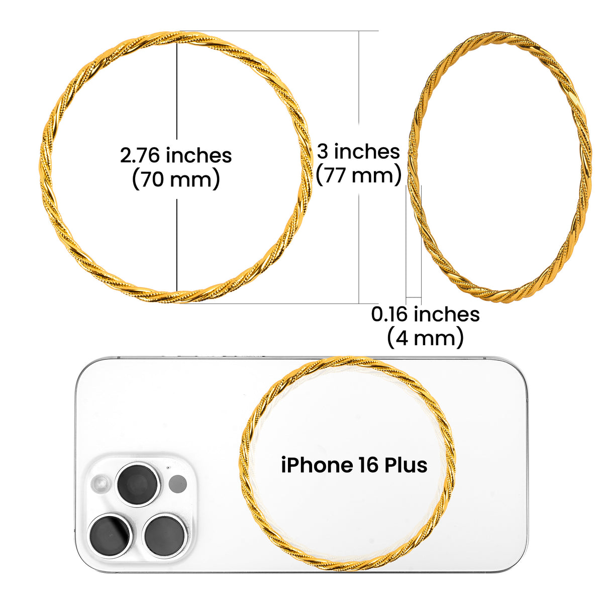 Gold Bangle Bracelet for Women, Extra Large Closed Bangle, Twisted Texture Bracelet for Plus Size Thick Wrists, 2.76 Inch Inner Diameter