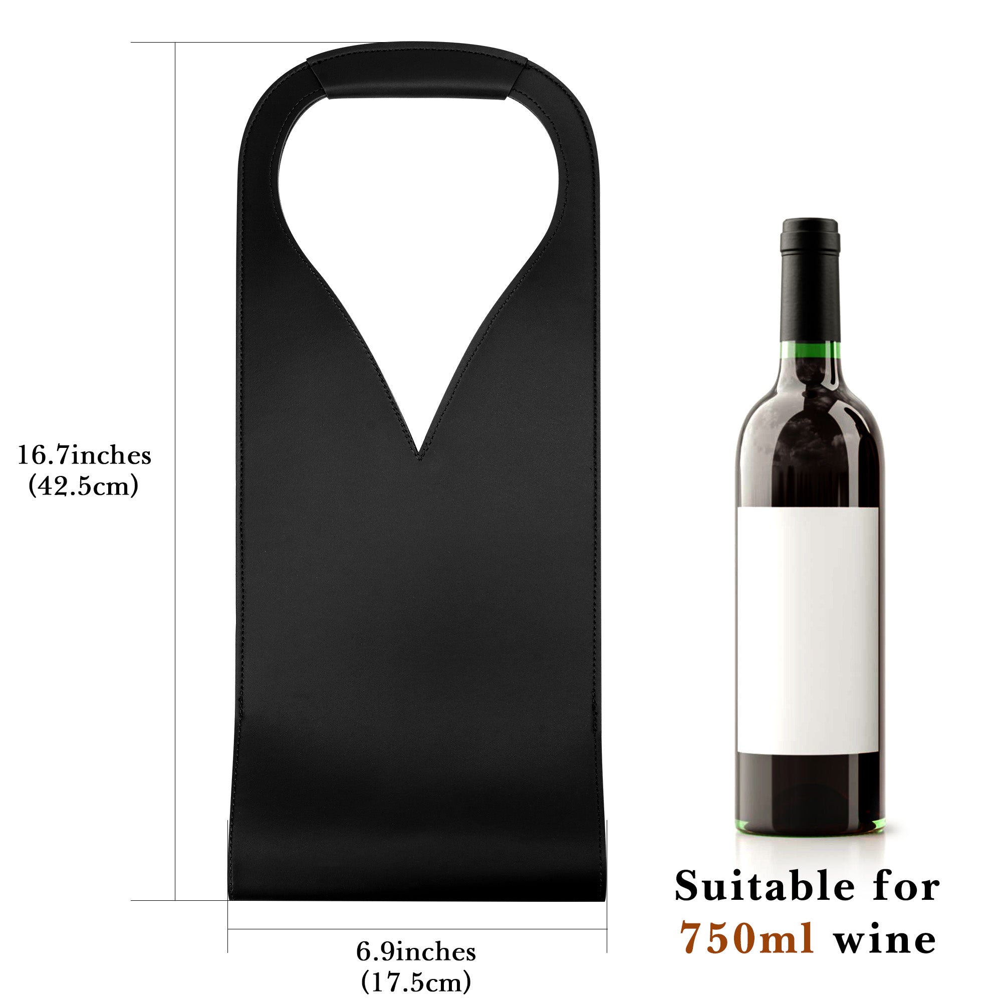 Linkidea Vegan Leather Wine Bottle Bags, 16.7" x 6.9" Wine Tote Bags for Gifts, Luxury Gift Bags for 750ml Wine Bottles, Fits Christmas Use (Black)