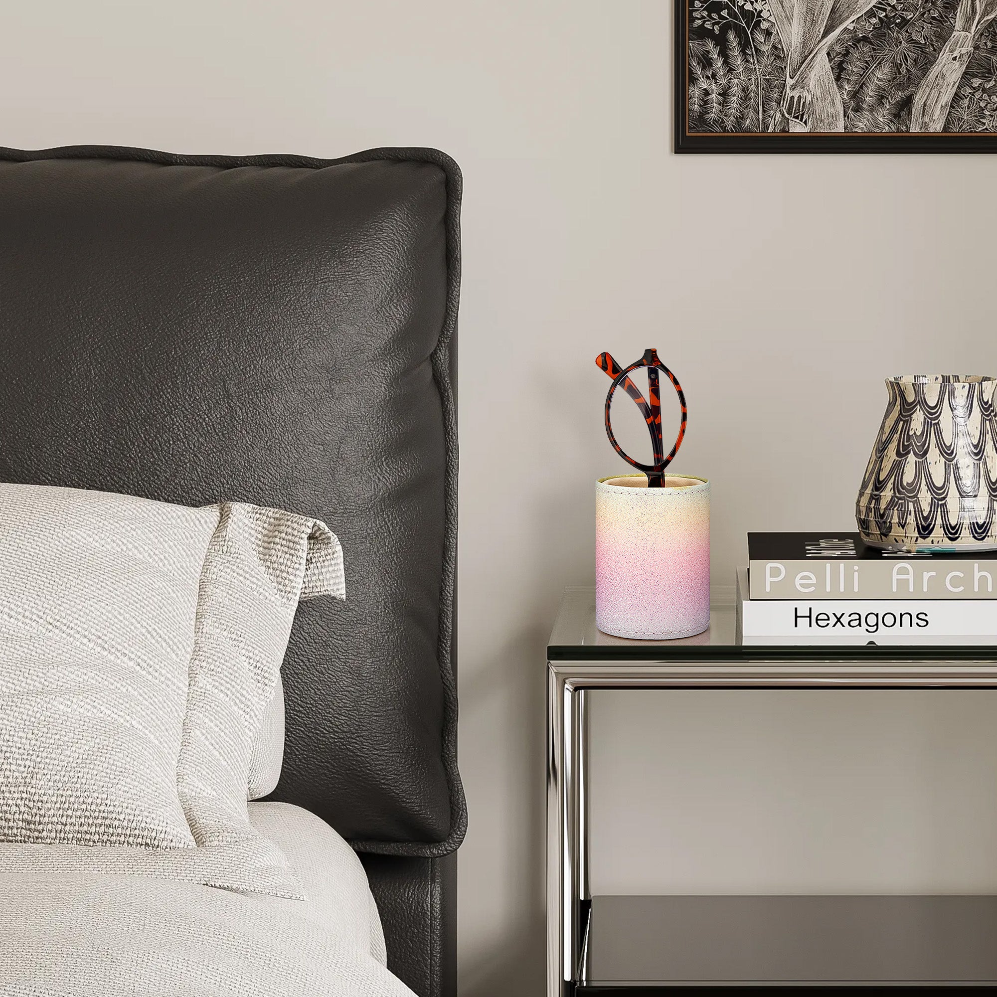 Reading Glasses Desk Holder Stand, Vegan Leather Lined Eyewear Display Storage for Nightstand Office Organizer (Small, Multi)