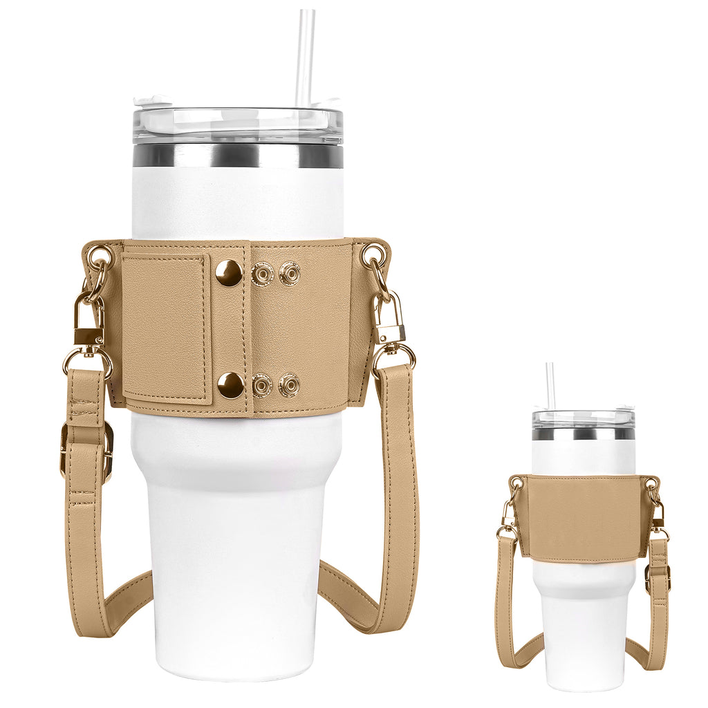 Linkidea Water Bottle Holder with Strap Compatible with Stanley Quencher H2.0 30oz/40oz, Simple Modern 40oz Tumbler, Vegan Leather Waterbottle Bag Holder, Shoulder Strap with Keyring, Tan