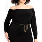 Plus Size Waist Belt for Women, 30-40 Inch Stretchable Chunky Body Chain, Black Pearl Adjustable Fashion Jewelry Accessory