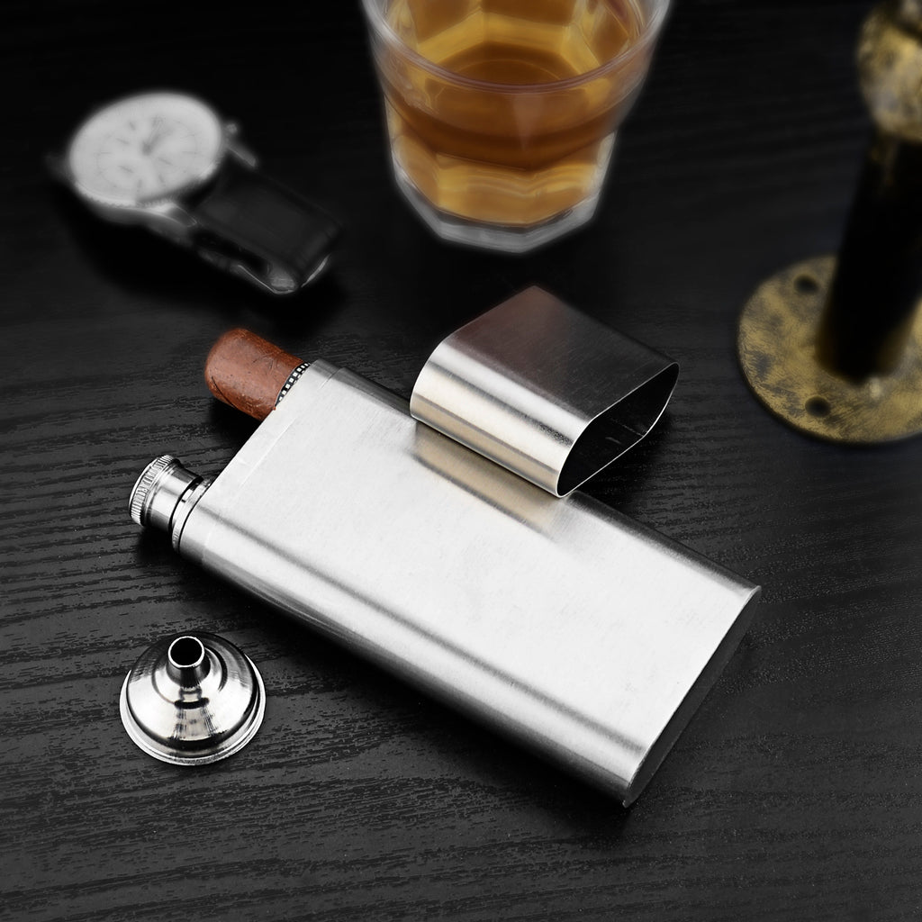 Linkidea 2oz Stainless Steel Hip Flask with Cigar Tube and Funnel, Portable Travel Case Fits 50 Ring Gauge, Gift for Men (Silver)