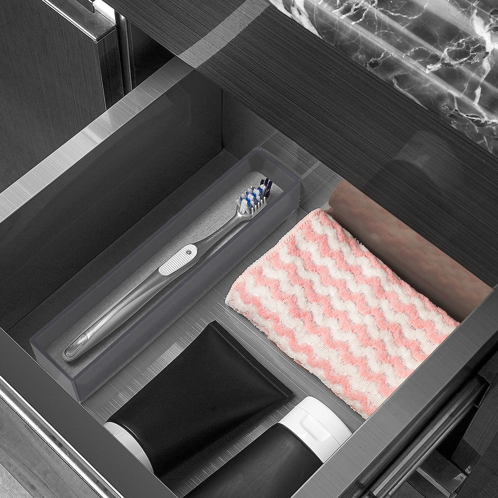 Linkidea 2 Pack Acrylic Toothbrush Holder with Diatomite Drying Stone, Bathroom Drawer Organizer with Drainage Hole for Tooth Brush, Compatible with Colgate Extra Clean, Oral-B CrossAction (Grey)
