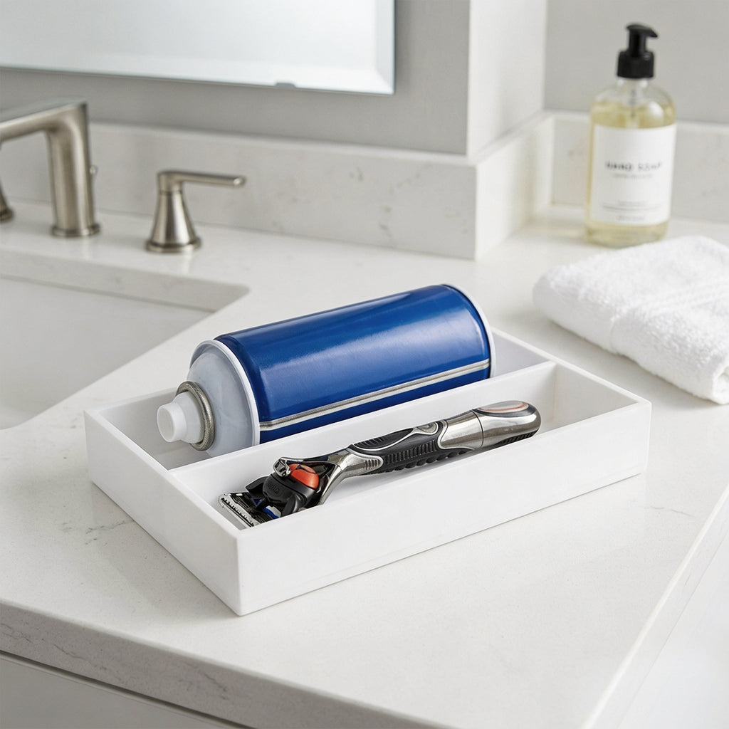 Linkidea Acrylic Razor Holder and Shaving Organizer, Low-Profile Bathroom Countertop & Drawer Tray, Single Razor Stand and 10oz Shaving Cream Slot (White)