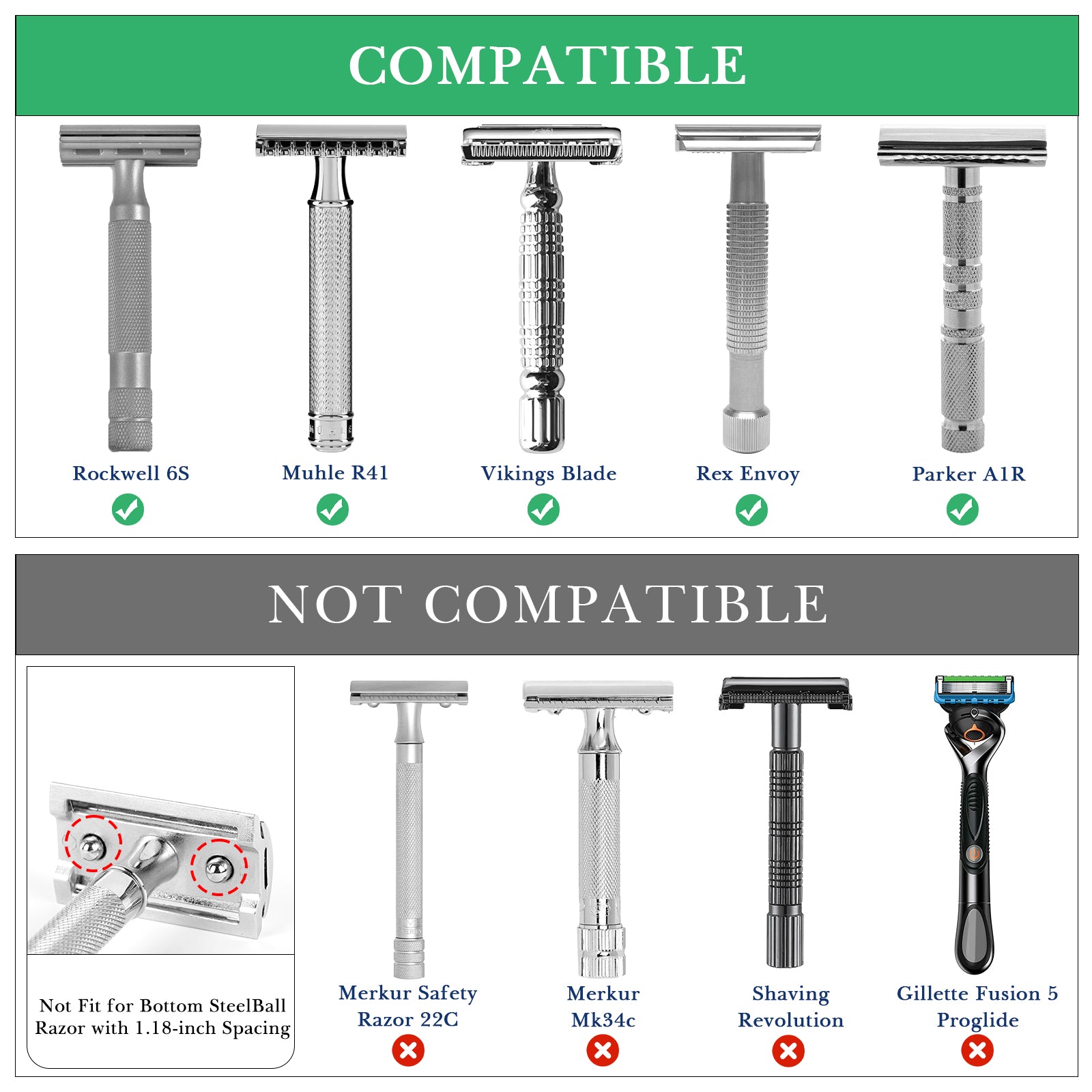 Linkidea 2 Pack Short Handle Safety Razor Stand, Stainless Steel Shaving Razor Holder, Deluxe Men's Travel Shaver Stand, Only Compatible with Razor Handle Less Than 3.5'' (Silver)