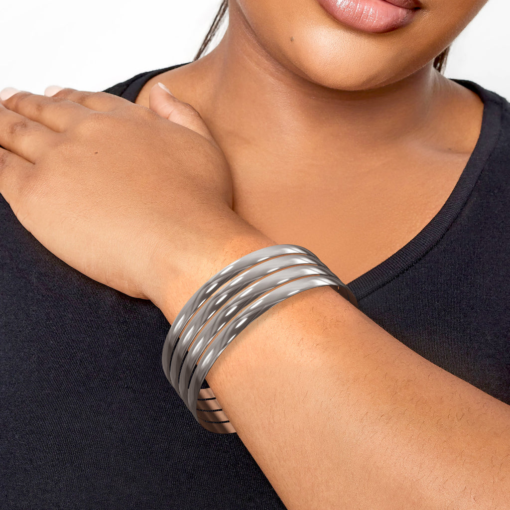 80 mm (3.15") XXL Bangle Set for Women, 6 mm Wide Silver-Tone Stainless Steel Stackable Bracelets - Fits Palm Width 110-118 mm