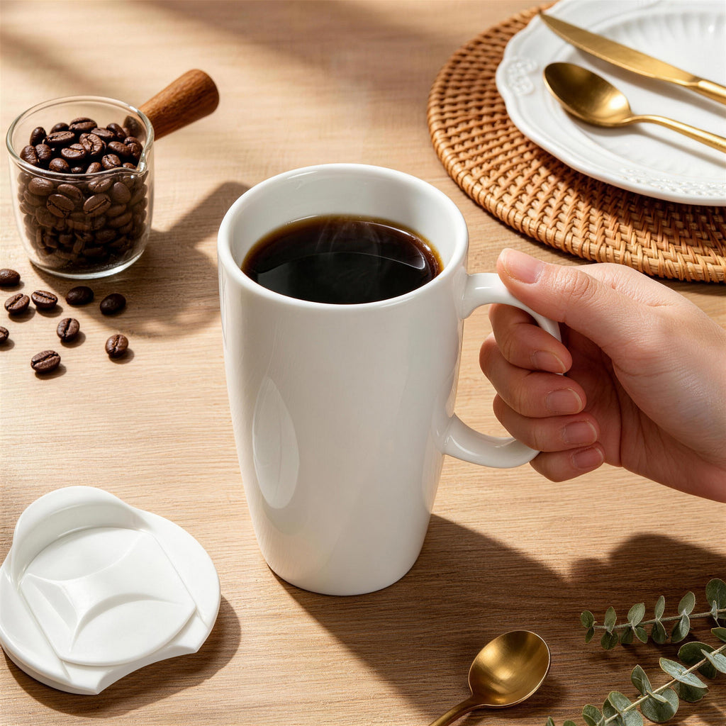 Linkidea 19oz Ceramic Coffee Mug with Slide Lid, Large Mug with Handle, Reusable Drinking Cup, Microwave and Dishwasher Safe