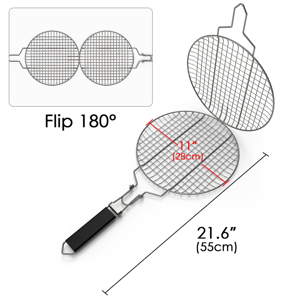 Linkidea Round Portable BBQ Grill Basket, Stainless Steel Fish Grill Rack with Removable Secure Locking Handle, Grill Accessories for Outdoor Grill Vegetables Fishes Shrimp