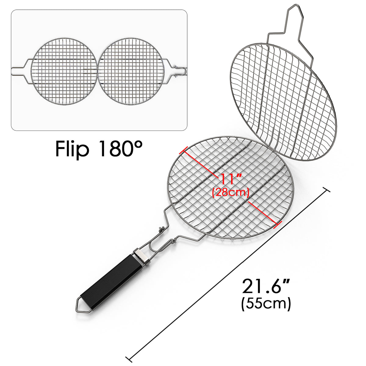 Linkidea Round Portable BBQ Grill Basket, Stainless Steel Fish Grill Rack with Removable Secure Locking Handle, Grill Accessories for Outdoor Grill Vegetables Fishes Shrimp