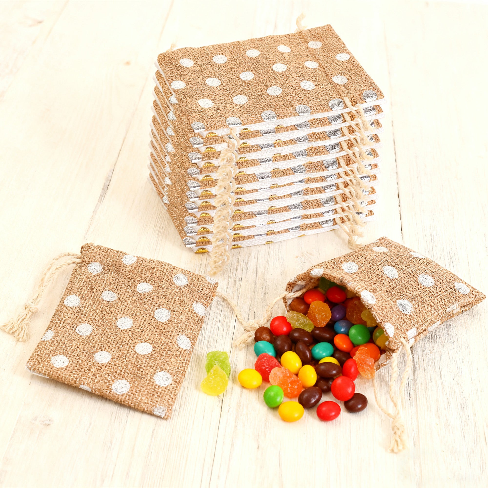 Linkidea 12 Pcs Small Burlap Drawstring Gift Bags, 5.5" x 3.9" Polka Dot Linen Pouches for Party Favors, Candy, Jewelry, Wedding Decorations